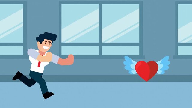 Illustration of a businessman running after a flying heart, symbolizing the pursuit of love, passion, and dreams in life and work.

