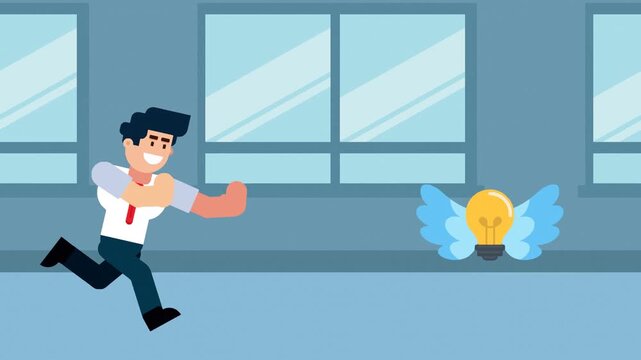 Illustration of a businessman running after a flying light bulb, symbolizing the pursuit of ideas, creativity, and innovation in business.

