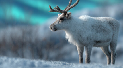 Reindeer in snowy winter landscape northern lights