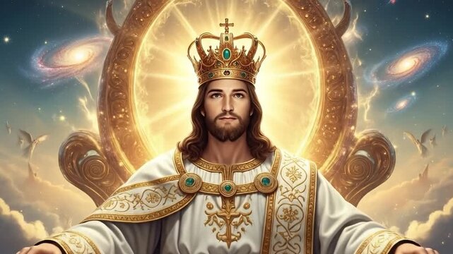 Jesus Christ sits regally on the throne of heaven with divine light.