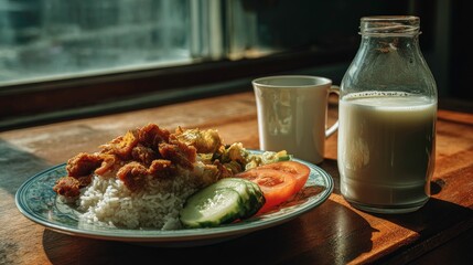 Healthy breakfast with plate of food, milk, cup by the window.