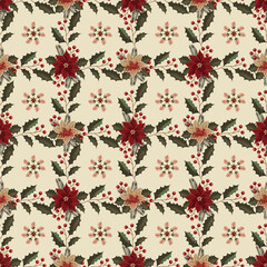 Christmas seamless pattern with poinsettia flowers, fir tree branches. Vector illustration.
