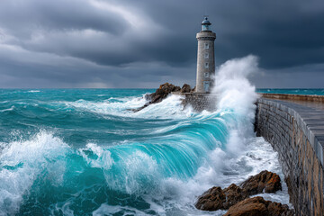 Waves crash against rocky coastline near a lighthouse during a stormy day