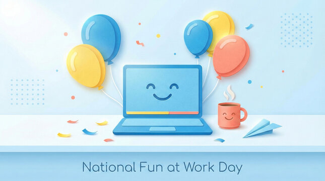 Celebrating national fun at work day with a cheerful laptop, coffee, and colorful balloons