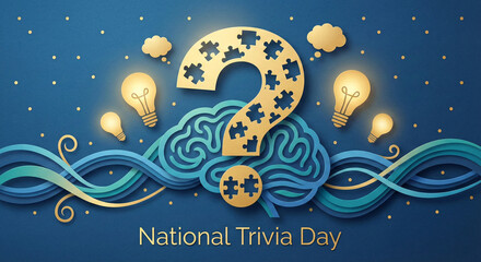 National trivia day: a golden question mark, brain, and glowing ideas on a blue background