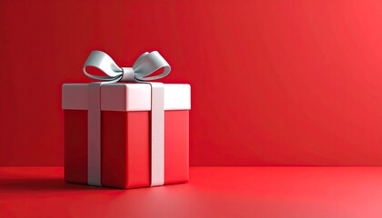 White gift box with red ribbon bow on red background, festive contrast, clean and elegant composition.gift, box, white, red, ribbon, bow, wrapped, present, festive, celebration, contrast, background, 