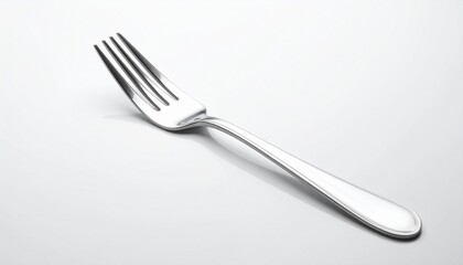 Stainless steel fork diagonally placed on white surface, polished finish, minimalist lighting and shadow.