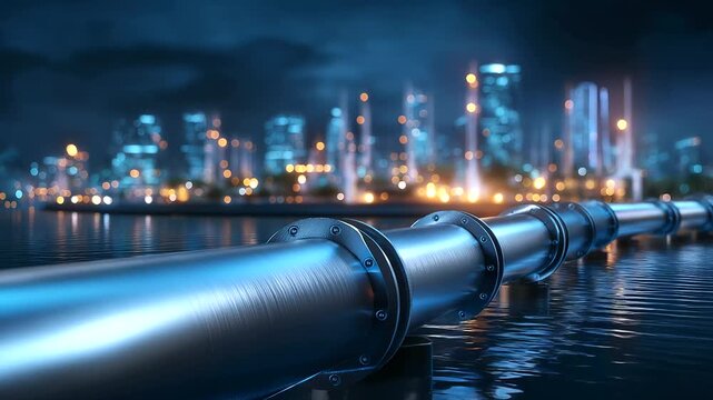 Transition to sustainable energy production showcased through 3D hydrogen pipeline infrastructure visualization, clean fuel distribution, green energy network, futuristic power sys