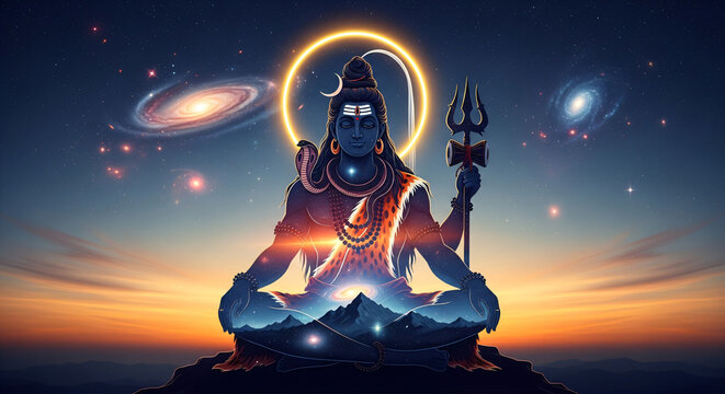 Lord Shiva Meditating in Himalayas with Trishul &ndash; Divine Mountain Scene