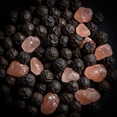 Close up overhead view of black peppercorns mixed with small pink candies creating a textured background with dramatic lighting