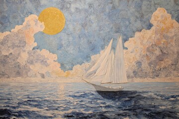 Sailboat and Moon on Ocean. Beautiful watercolor paint illustration.