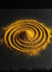 Golden Turmeric Powder Swirl Arranged Artfully on a Dark Slate Surface in Dramatic Lighting