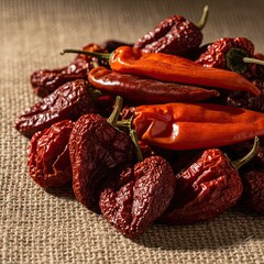 Pile of Dried Red Chili Peppers with Wrinkled Texture and Stems on Burlap Surface With Dramatic Lighting