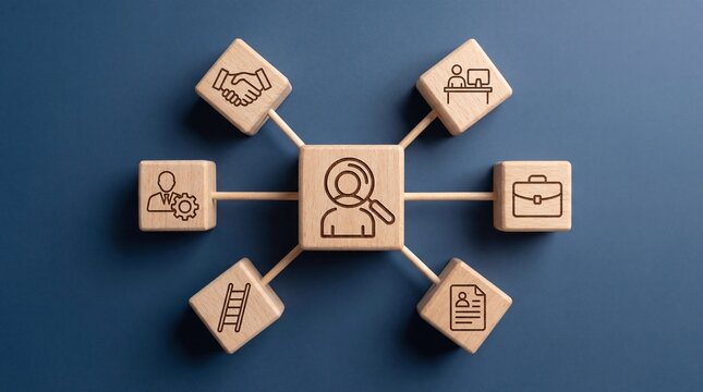 Business wooden cubes representing talent acquisition and employee career path from recruitment and onboarding to professional role and advancement.