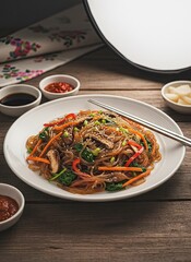 Japchae Korean Glass Noodle Stir Fry Dish with Vegetables and Sesame Seeds Served on a Rustic Wooden Table with Side Dishes