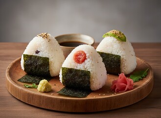 Three Japanese Onigiri Rice Balls With Seaweed Toppings And Avocado Sesame Seeds And Spicy Roe On A Wooden Plate With Soy Sauce And Wasabi