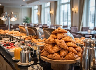 Golden Brown Croissant Stack and Fresh Fruit Display at a Lavish Buffet Breakfast Table in a Well Lit Dining Room