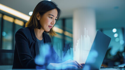 Focused Asian woman typing on laptop with glowing holographic data charts projected above the keyboard. Business technology, data analysis, financial forecasting, digital transformation