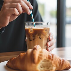 Close Up Of Iced Coffee With Straw And Croissant On Table With Soft Daylight Lighting