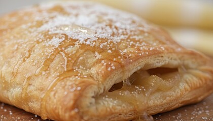 Golden Brown Baked Apple Pastry Dusted with Granulated Sugar and Glazed with Honey on a Wooden Board Macro Shot