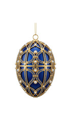 Luxury royal blue egg shaped Christmas ornament with intricate gold filigree blue sapphires and white pearls isolated.