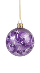 Matte lilac Christmas ball ornament with hand-painted purple floral patterns and white dot accents isolated.