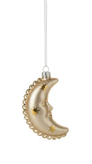 Gold crescent moon Christmas tree ornament with a face and stars isolated.
