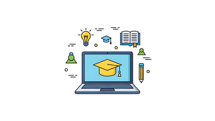 Flat design illustration of online education and learning concept with laptop and graduation cap and light bulb and book and pencil elements, suitable for education content.