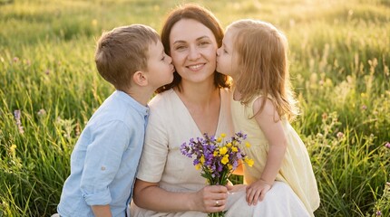 Loving mother smiling while children kiss her cheeks in sunny meadow holding wildflowers