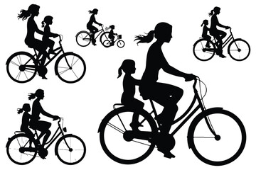 Obraz premium Black silhouettes of mothers and children riding bicycles