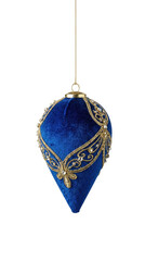 Royal blue velvet teardrop Christmas ornament with golden embroidery and beads isolated.