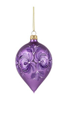 Purple matte teardrop Christmas ornament with hand painted floral patterns isolated.