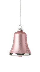 Pink matte bell shaped Christmas ornament with silver glitter swirls isolated.