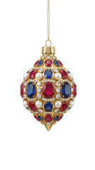 Luxury gold onion shaped Christmas ornament with rubies sapphires pearls and diamonds isolated.