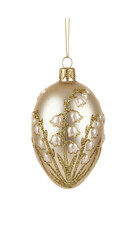 Champagne egg shaped Christmas ornament with pearl lily of the valley flowers and gold glitter isolated.