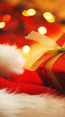 Red Christmas gift box with gold ribbon and Santa Hat