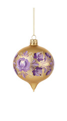 Gold onion shaped Christmas ornament with hand painted purple floral patterns isolated.