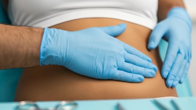 Doctor in latex gloves palpates womans abdomen at medical clinic. Gastrologist examining patient for gastrointestinal health.
