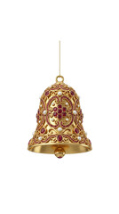 Luxury gold bell shaped Christmas ornament with rubies and pearls isolated.