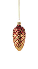 Shiny red and gold pinecone shaped Christmas ornament with gold glitter accents on the scales isolated.