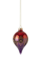 Shiny red and purple gradient teardrop Christmas ornament with ornate gold glitter patterns isolated.