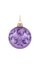 Matte purple Christmas ball ornament with hand-painted dark purple flowers and white glitter swirls isolated.
