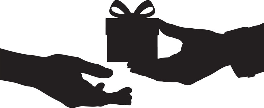 Gift hand black silhuoette vactor Gift box one line drawing