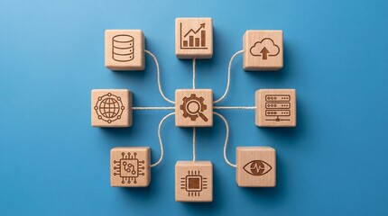 Business wooden cubes illustrating digital business infrastructure with cloud data analytics system integration and technology management concept.