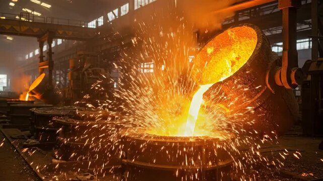 Pouring of molten metal from ladle into mold with sparks and hot smoke in industrial foundry. Metallurgy industry concept.