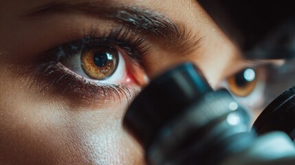 Extreme close up macro of human eye looking through microscope