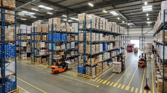 Busy industrial warehouse with forklift transporting goods for distribution. Supply chain and logistics industry.
