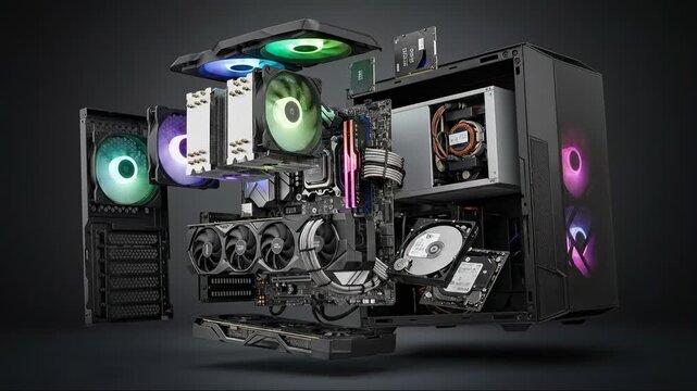 Exploded view of a computer with internal components showing during assembly or repair, for technology and gaming concepts