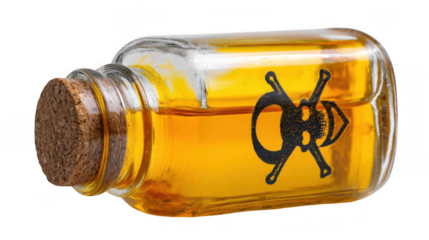 Transparent background image of a yellow pill containing a toxic substance, featuring a skull and crossbones symbol indicating danger and representing the risks of poisoning or overdose