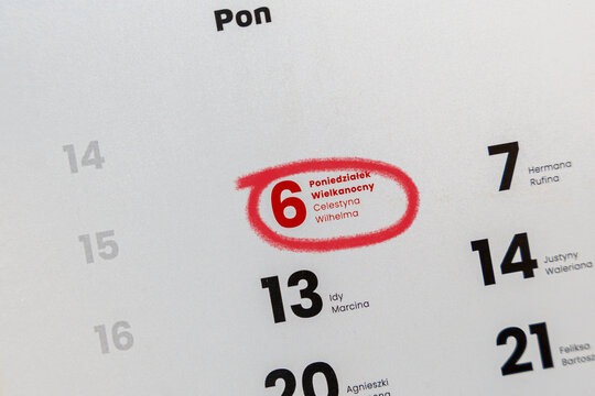 Calendar page showing date 6 marked in red. The highlighted date signifies Easter Monday, with names of individuals Celestyna and Wilhelma included. Suitable for cultural and holiday contexts.